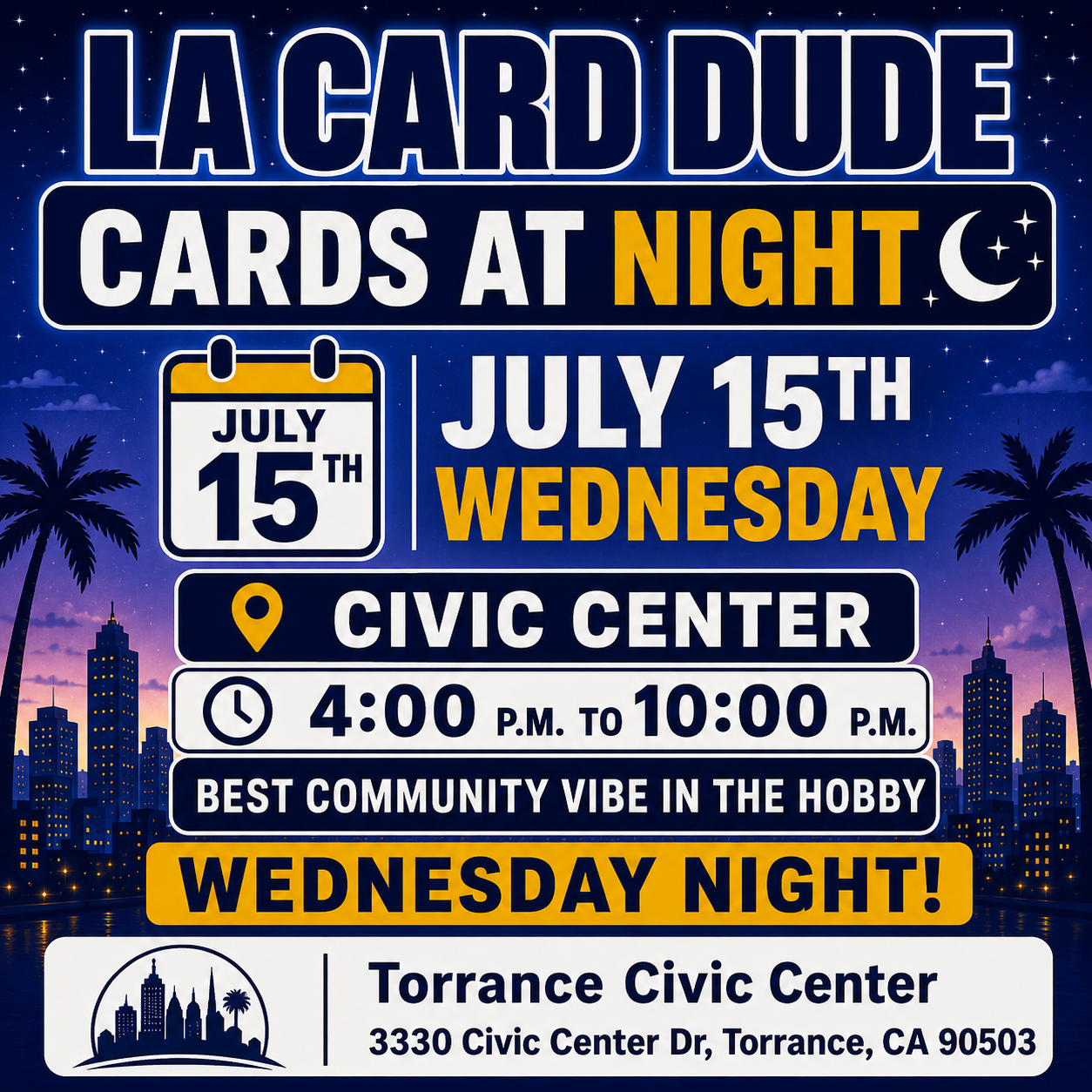 pokemon card show torrance Join us for the All Pokemon Card Show at the Torrance Cultural Arts Center! This family-friendly event is perfect for Pokmon fans and collectors of all ages. Torrance Cultural Arts Center